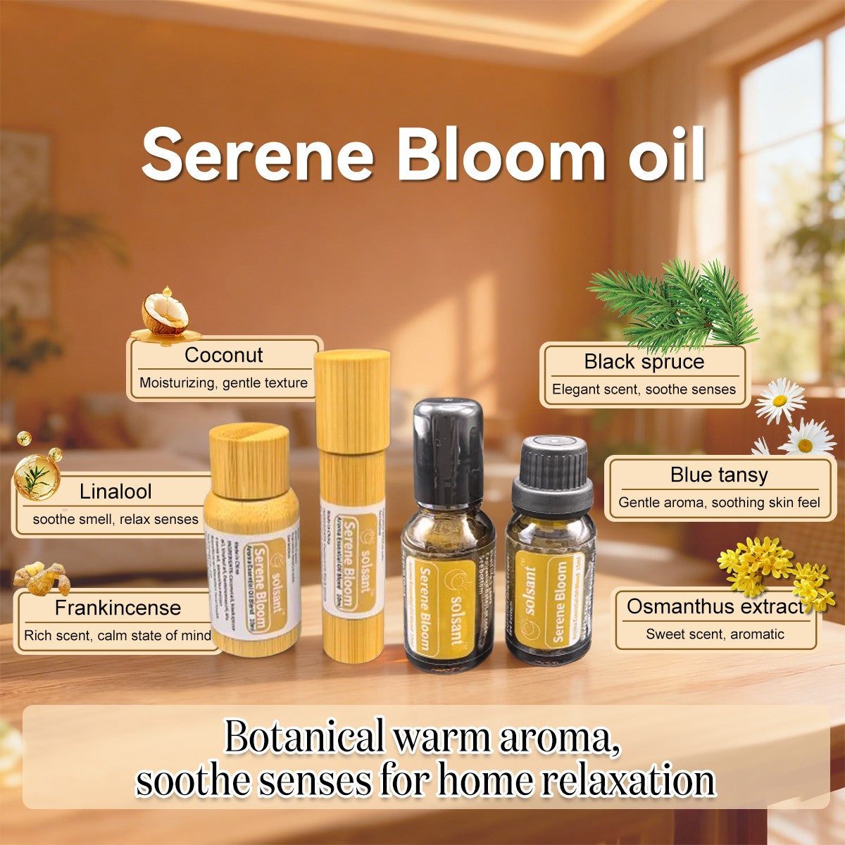 Serene Bloom Oil - Botanical Aromatherapy Blend with Coconut & Frankincense for Home Relaxation