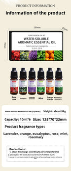 Water Soluble Aromatherapy Essential Oil 10ml x6 Set for Humidifier Diffuser Room Long Lasting Moisturizing Aroma Diffuser