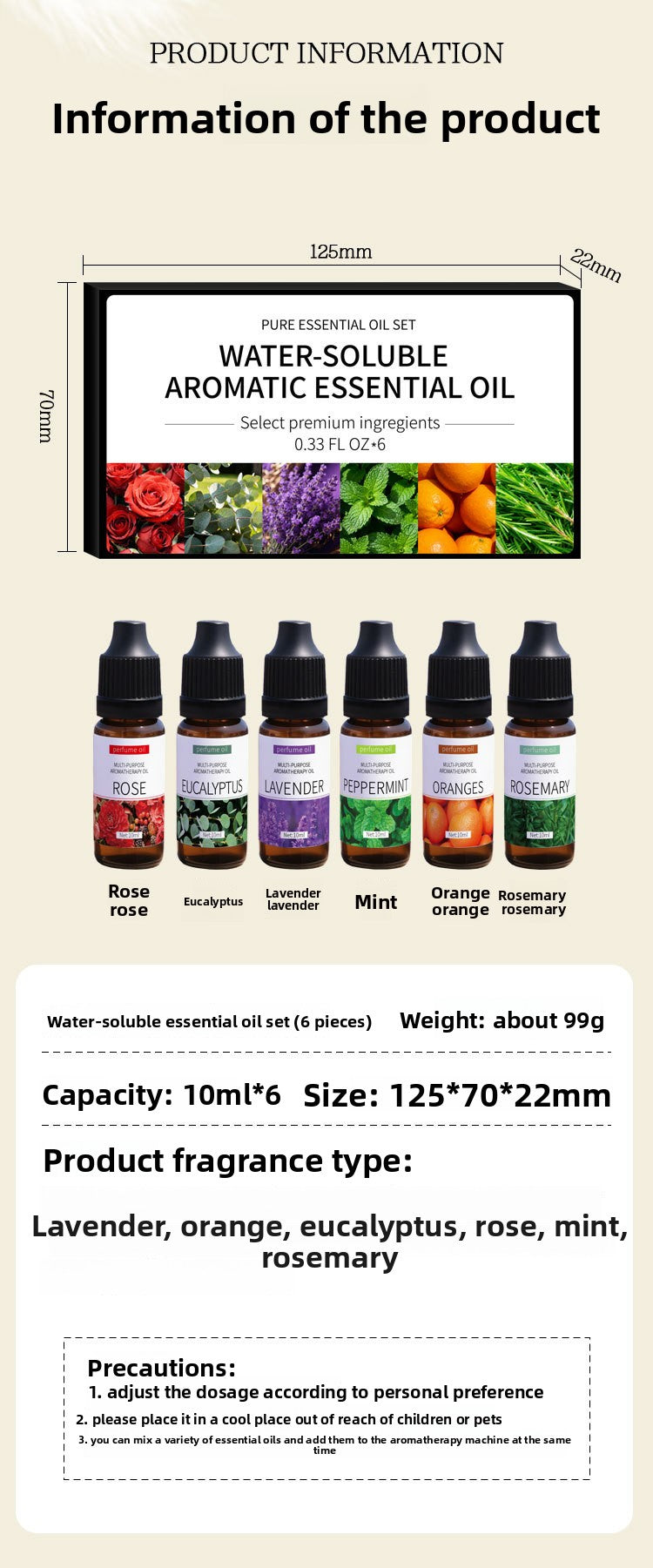 Water Soluble Aromatherapy Essential Oil 10ml x6 Set for Humidifier Diffuser Room Long Lasting Moisturizing Aroma Diffuser
