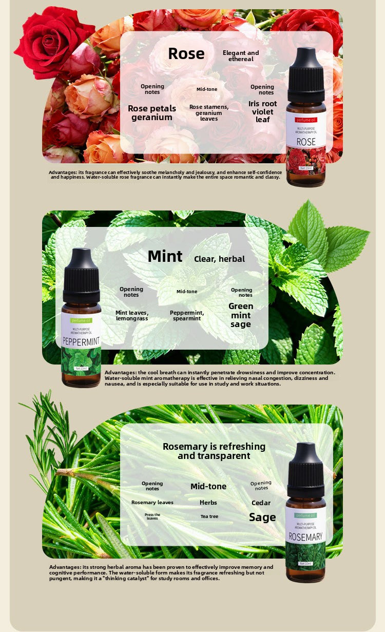 Water Soluble Aromatherapy Essential Oil 10ml x6 Set for Humidifier Diffuser Room Long Lasting Moisturizing Aroma Diffuser